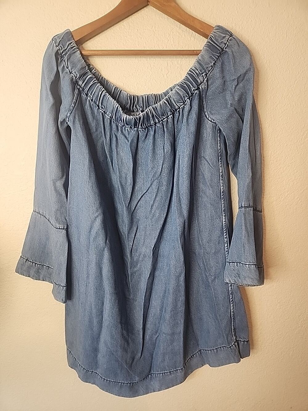 7 For All Mankind Off Shoulder Denim Style Top Bell Sleeves Blue Size M Tunic